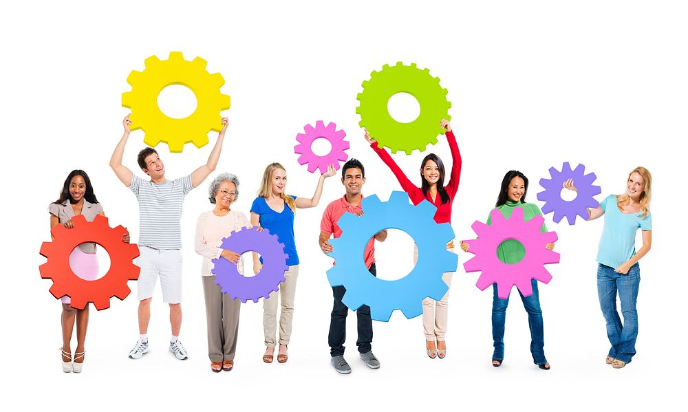 Group of Multiethnic People Holding Colorful Cogs