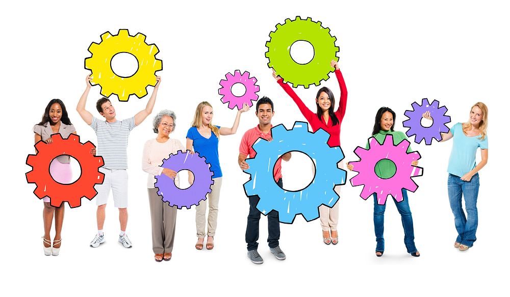 Diverse People Holding Colorful Cogs
