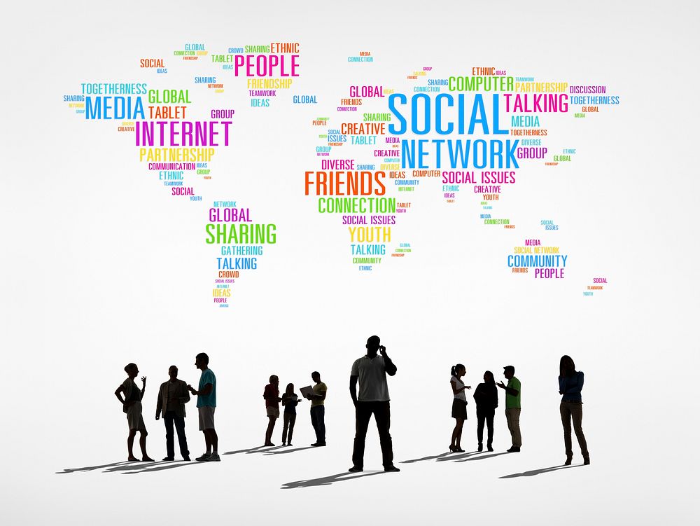 Silhouettes of People and Social Networking Related Words Forming the World