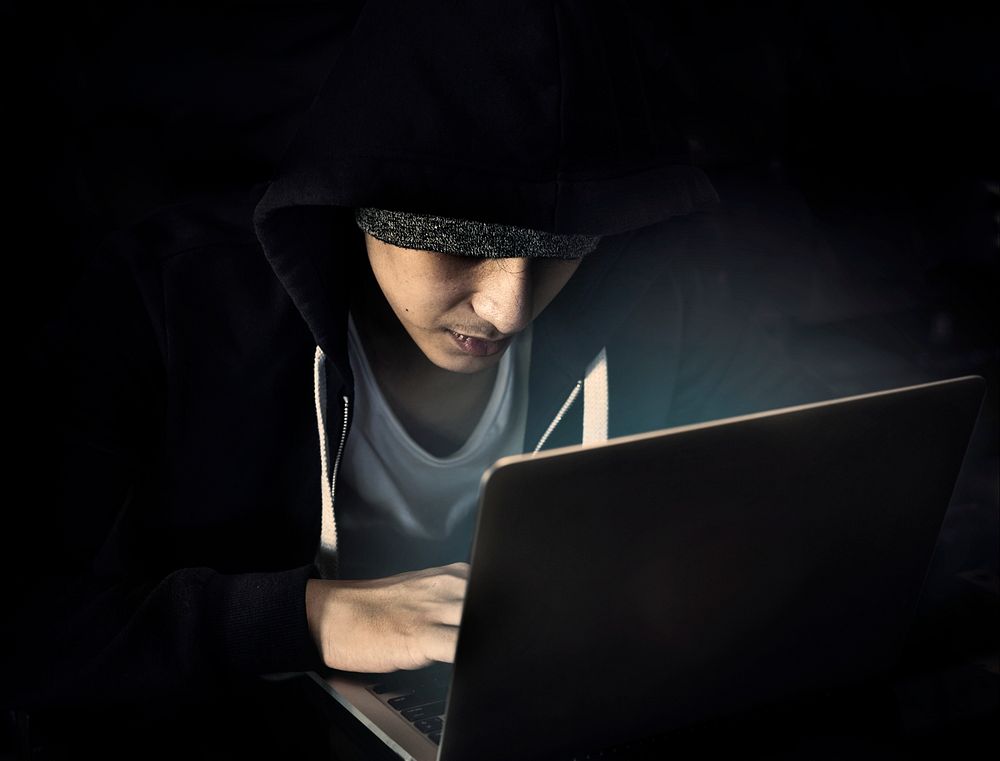 Young asian boy wearing hoodie using laptop