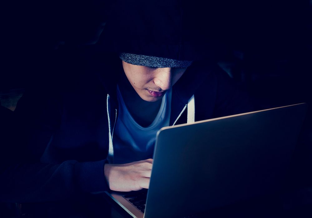 Young asian boy wearing hoodie using digital laptop