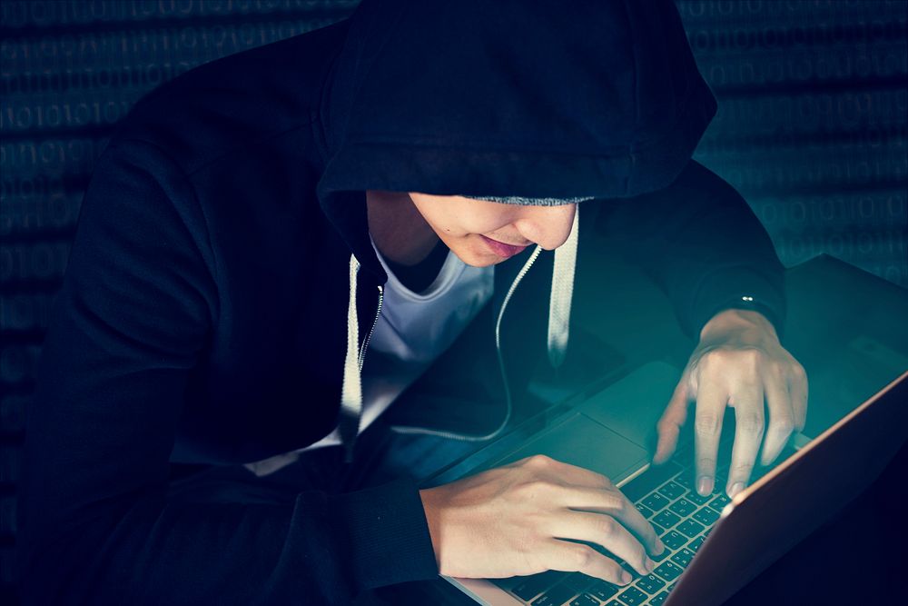 Young asian boy wearing hoodie using digital laptop