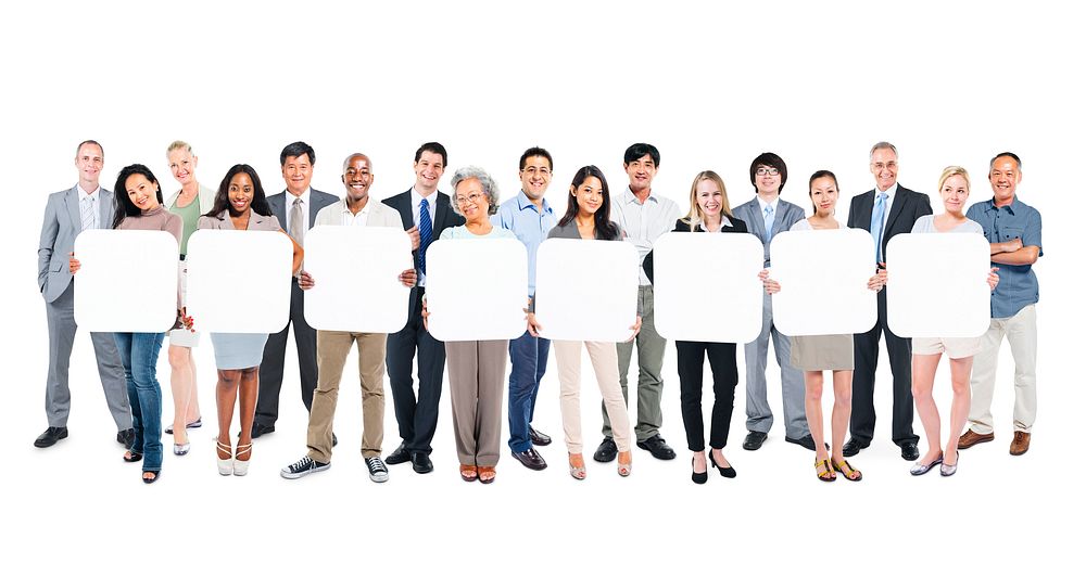 Group of multi-ethnic business people holding blank white placards.