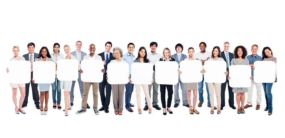 Large group of multi-ethnic business and smart casual people holding blank white placards.