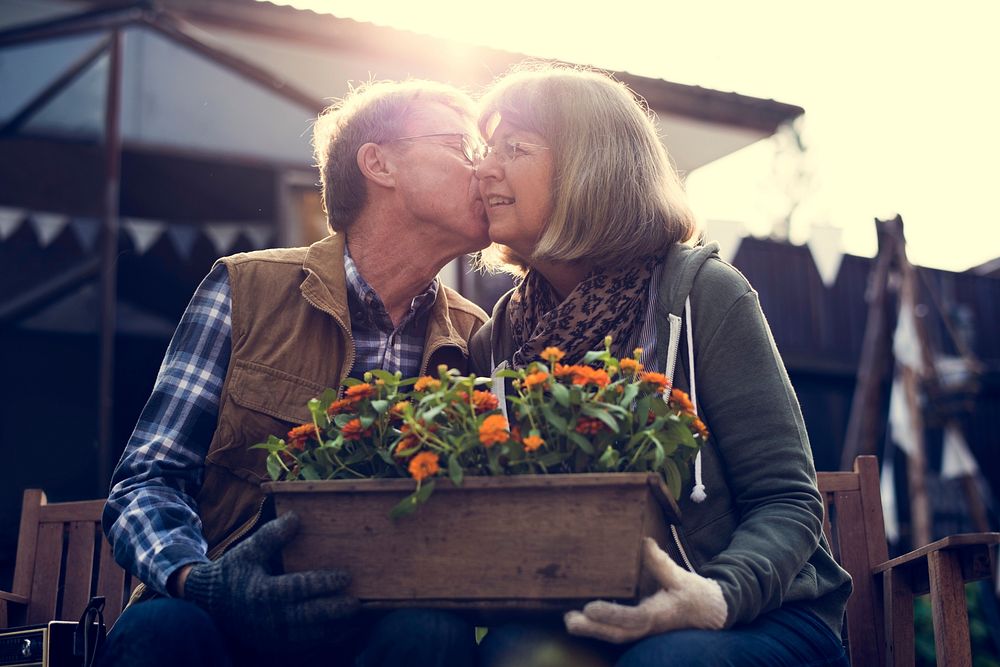 Senior farmer couple kiss romance love