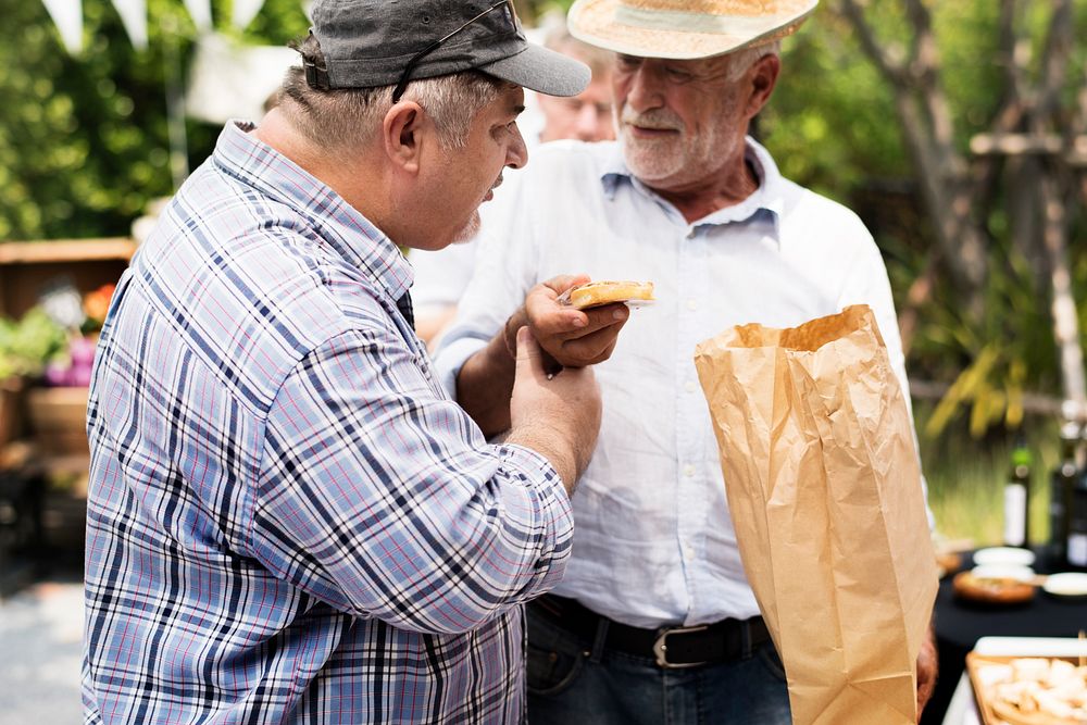 Adult Caucasian Men Talking Together Buy Bakery Goods