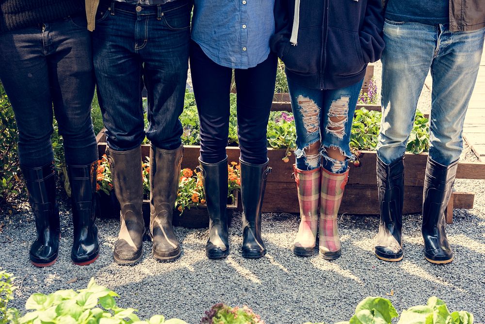 Group of people gardening backyard together