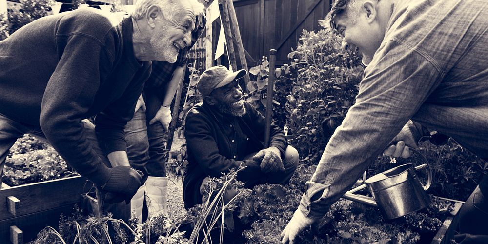 Group of people gardening backyard together