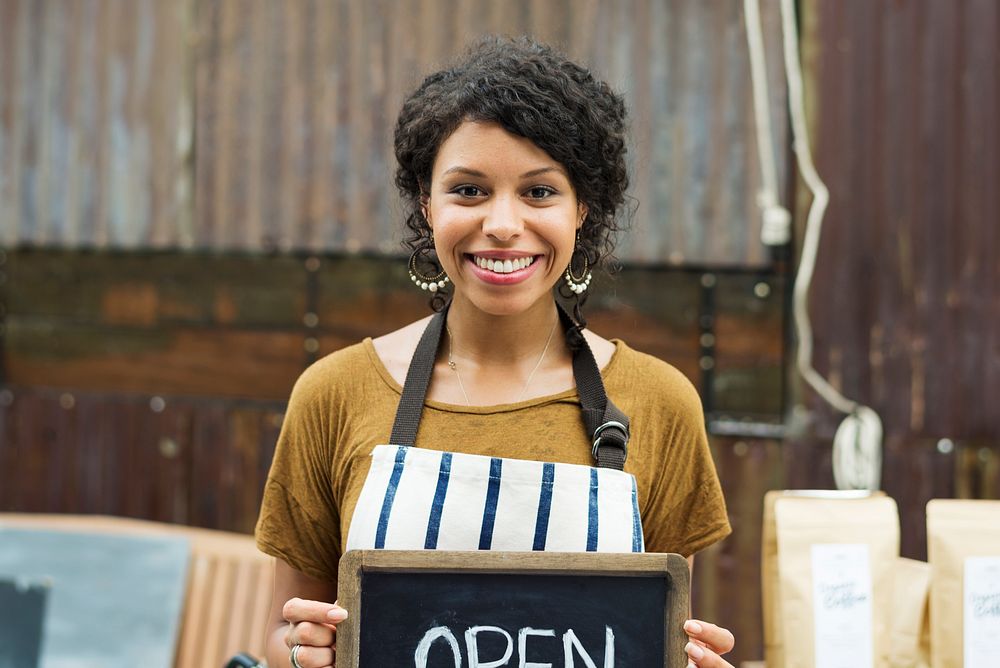 Adult Women with Beverage at Food Stall Market with Open Sign