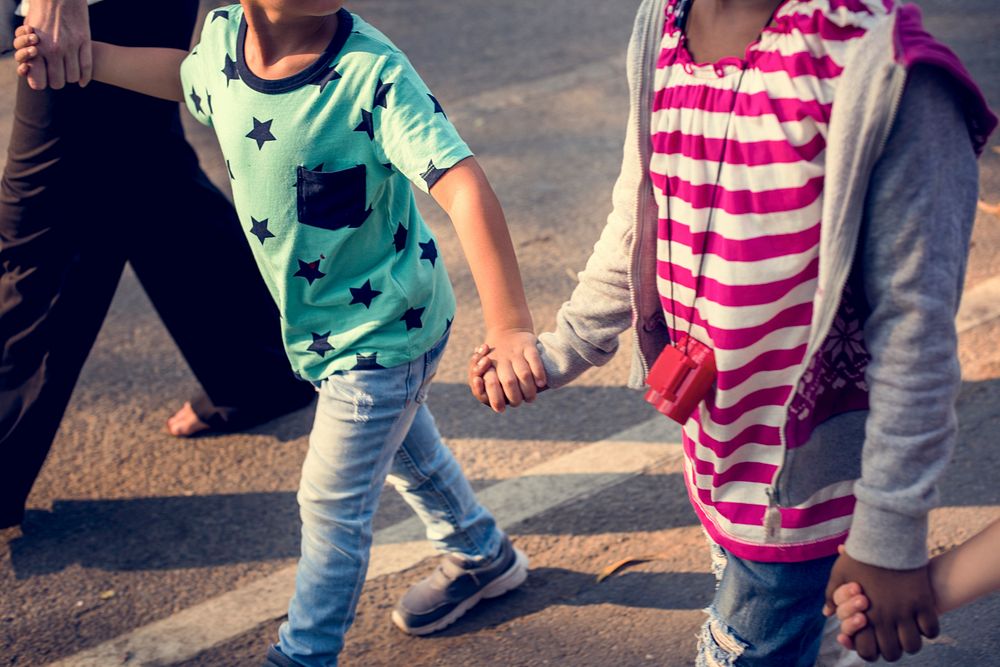 Little Kids Walking Holding Hands Together Outdoor