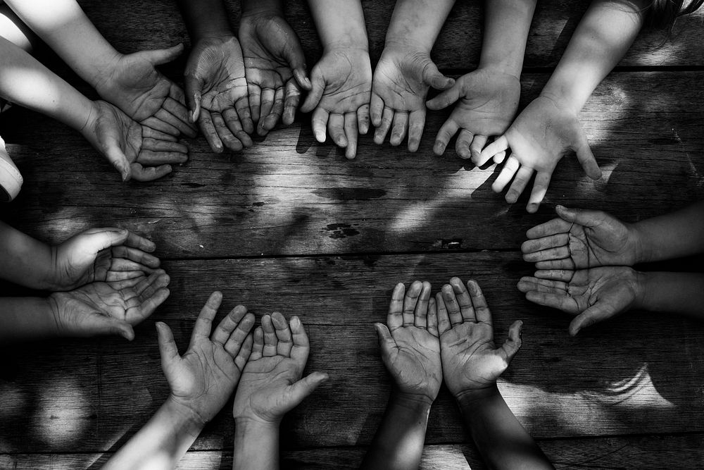 Group of dirty children hand from chalk drawing