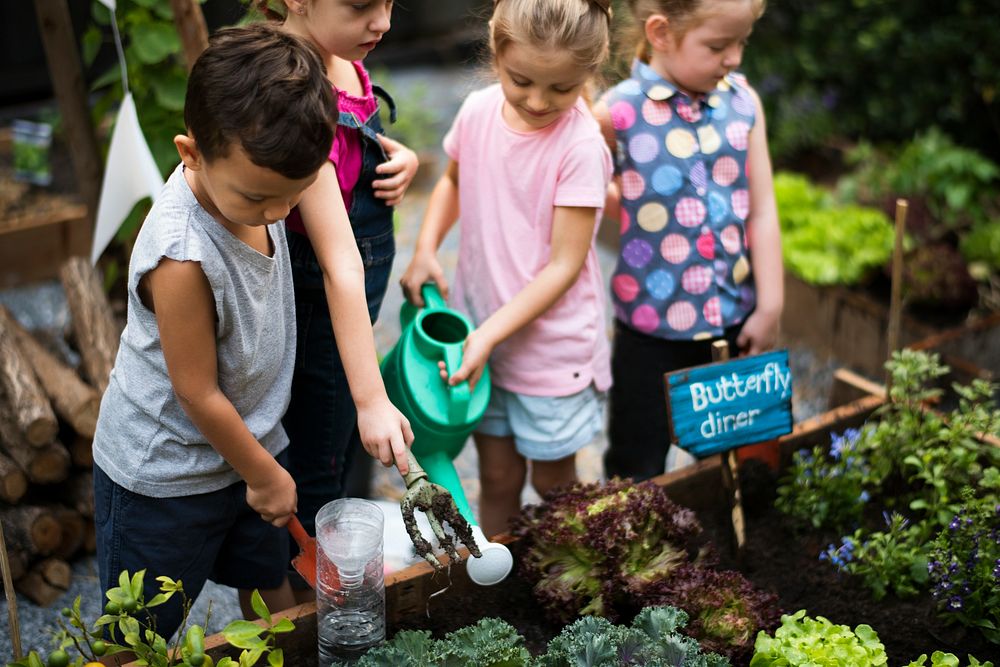 Group of kids watering the plants