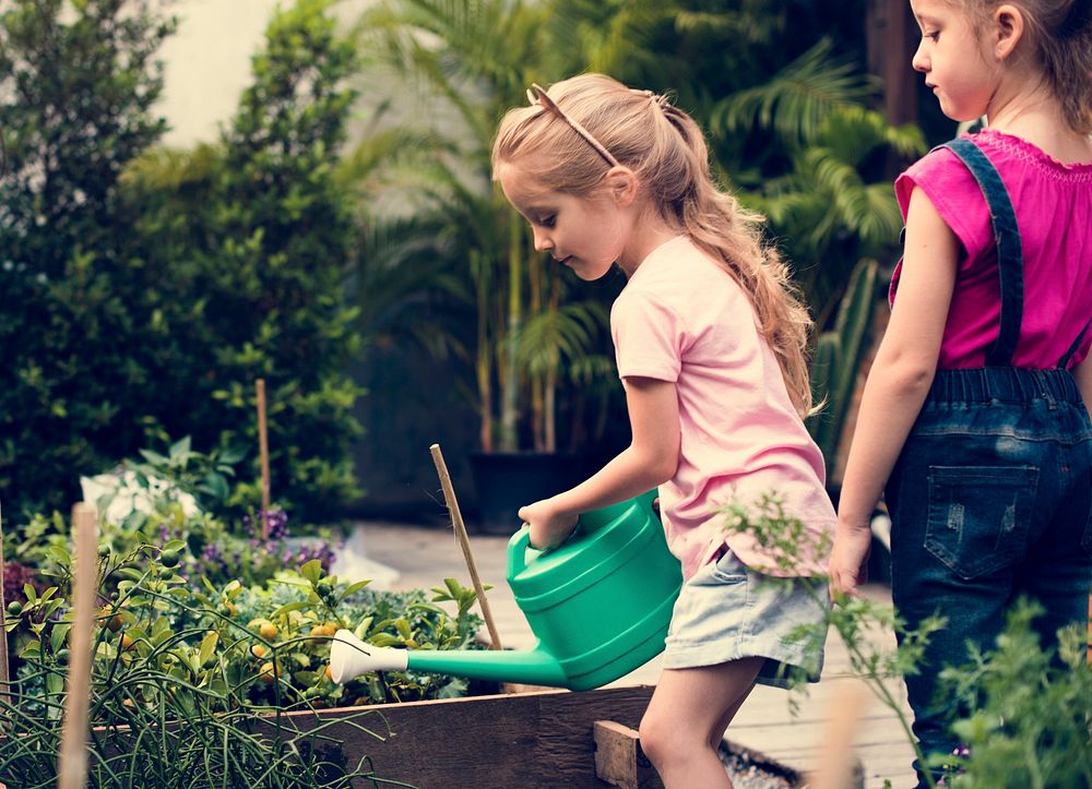 Group of children watering organic fresh agricultural product