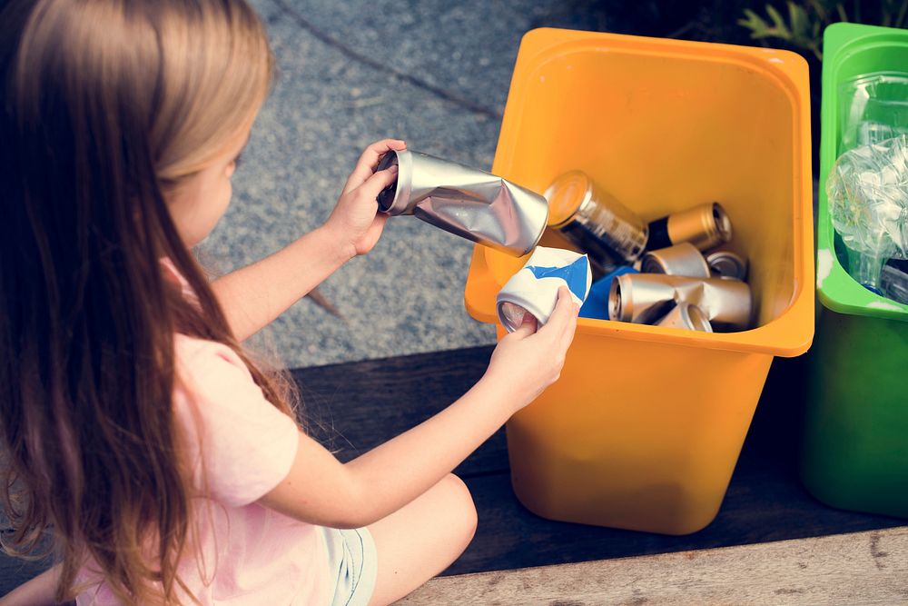 Little Kids Separating Recycle Can to Trash Bin