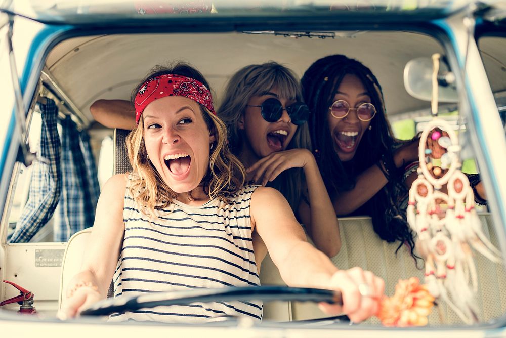 Group of Diverse Friends Travel on Road Trip Together