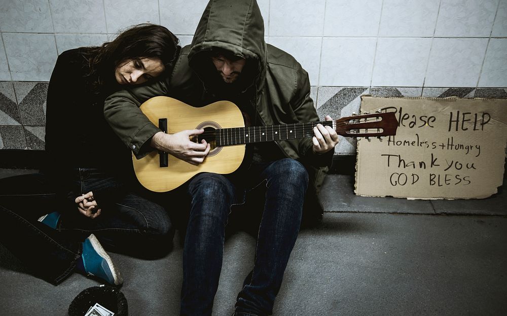 Homeless Couple  Playing Guitar Asking For Money Donation