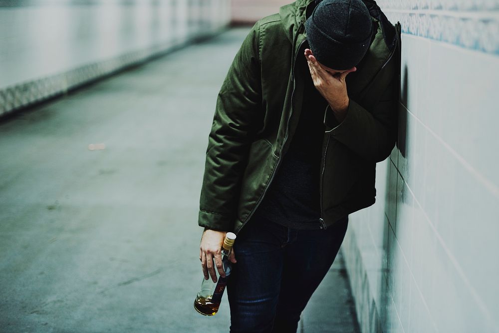 Homeless Alcoholism Man Holding Liquor Bottle Feeling Depressed