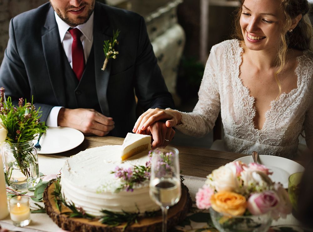 Bride and Groom Cutting Cake on Wedding Reception