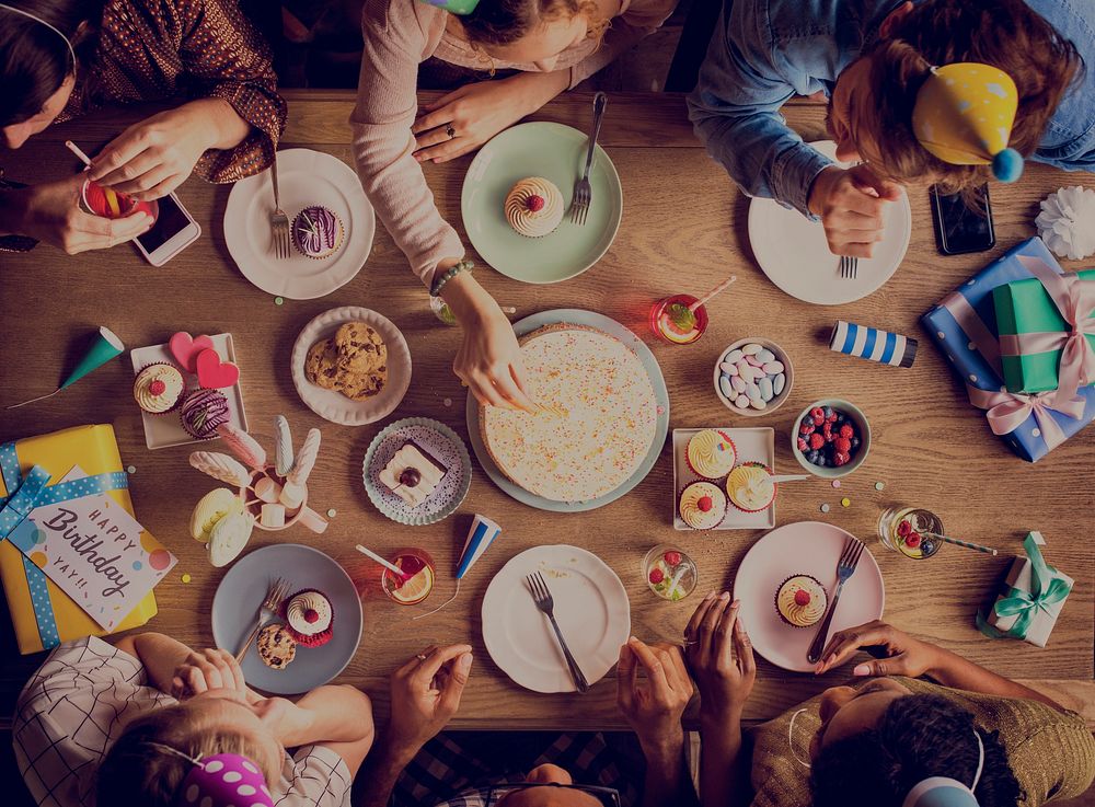 Aerial view of a table with desserts