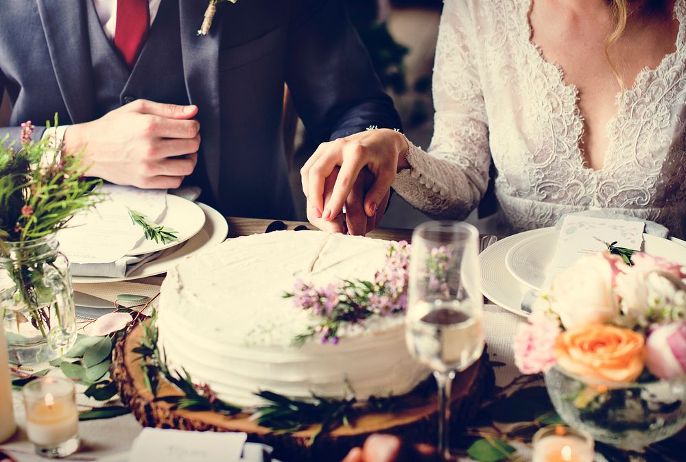 Newlyweds cutting the wedding cake