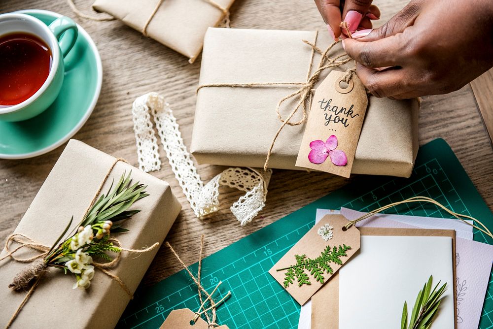 Craft design simplify wrapping gift on wooden table