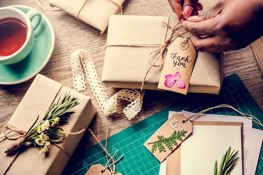 Craft design simplify wrapping gift on wooden table