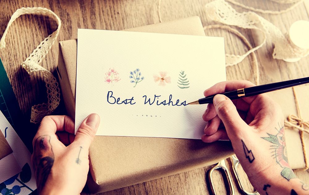 Hand Writing Best Wish Card with Gift Box Background