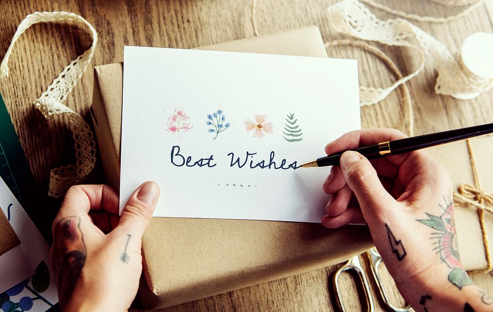 Hand Writing Best Wish Card with Gift Box Background