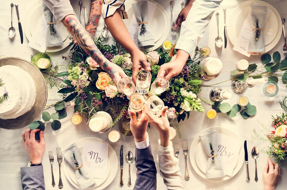 People Cling Wine Glasses on Wedding Reception with Bride and Gr