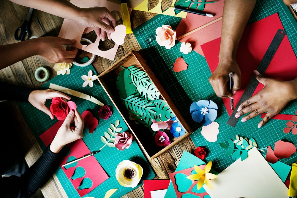 People Making Paper Flowers Craft Art Work Handicraft