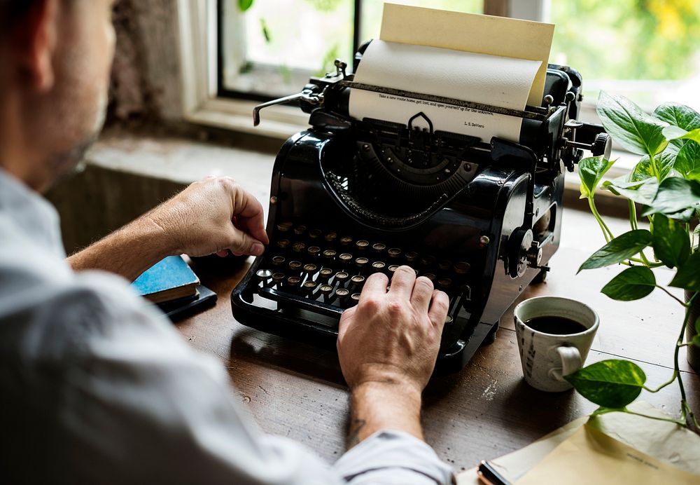 Man Using Typing Retro Typewriter Machine Work Writer