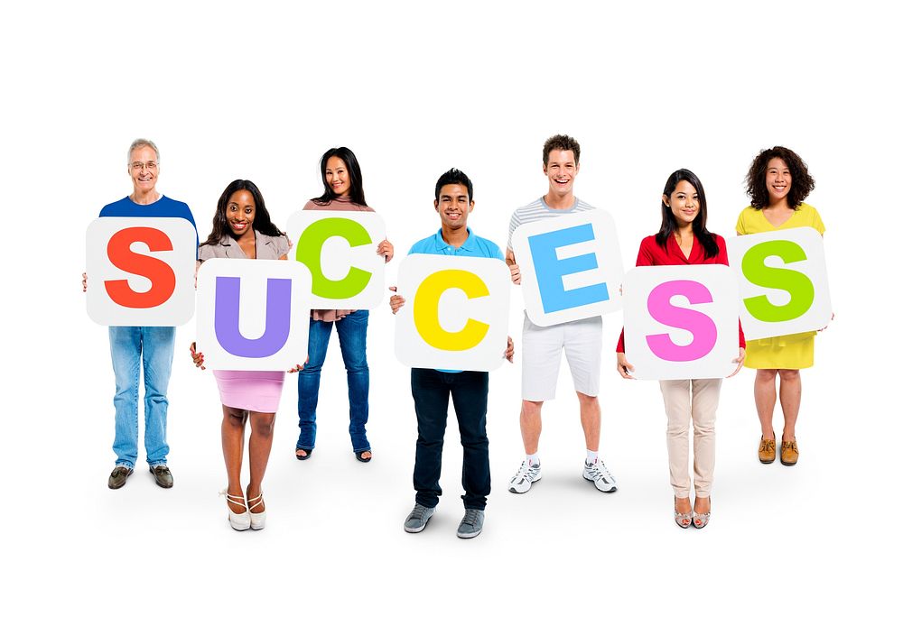 Group Of People Holding Sign Of Success