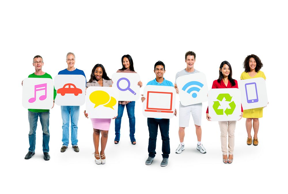 Group of multi-ethnic people holding social media icons.