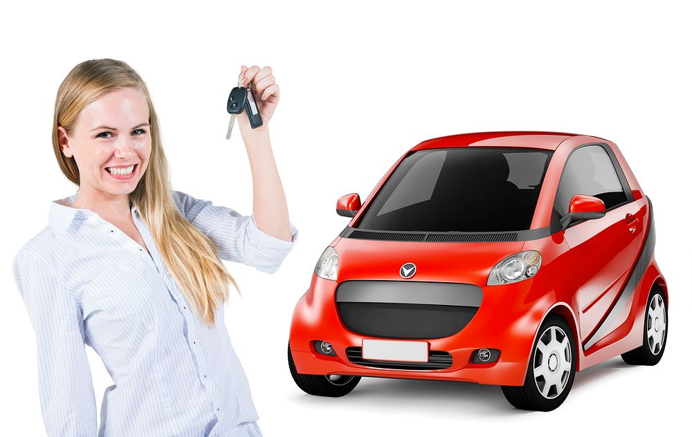 Young Woman Holding a Car Key and Red Car at the Back