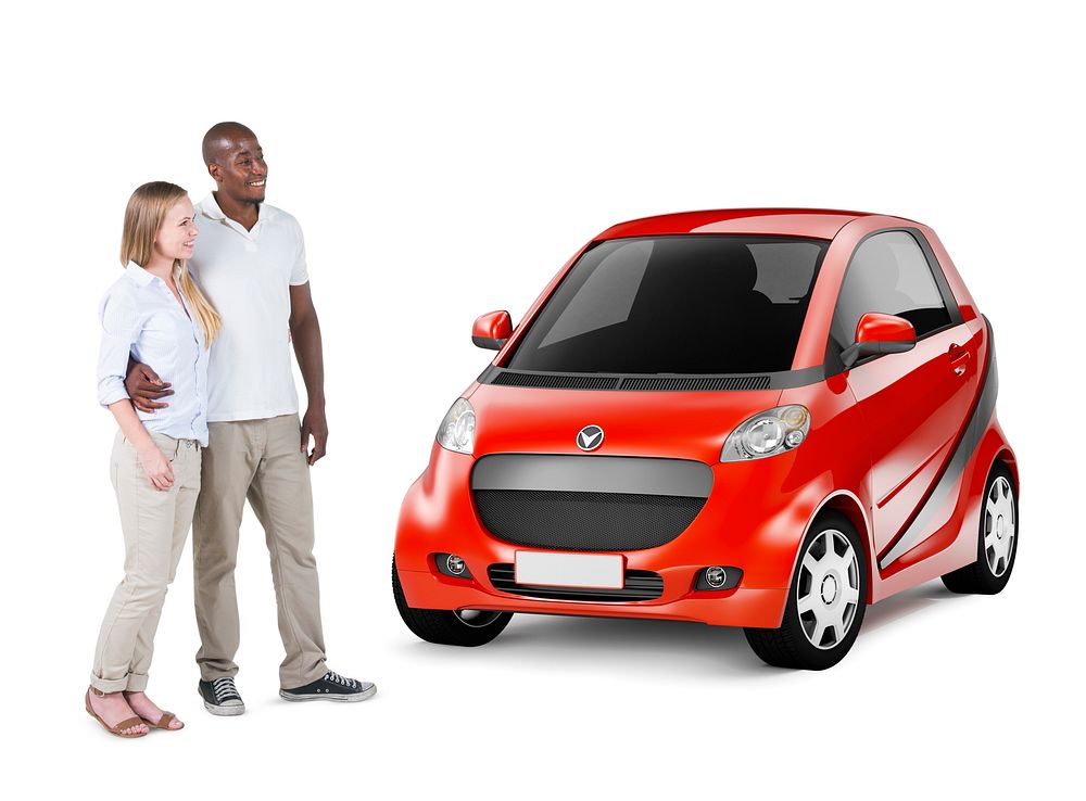 Multi-Ethnic Couple Looking at Red Car
