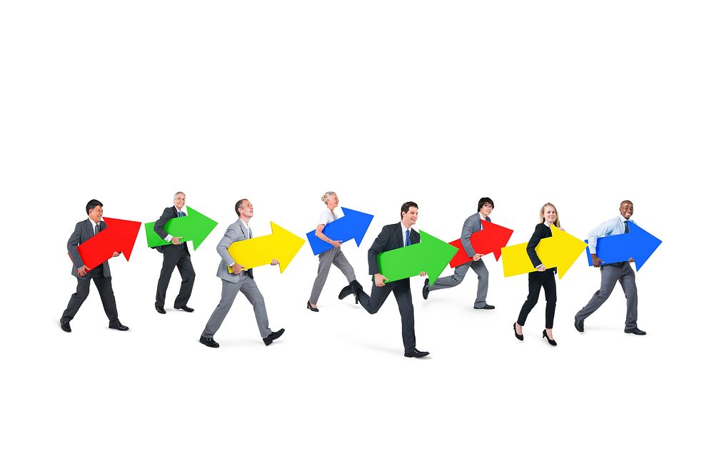 Group of Business People Holding Arrow Signs while Moving Forward