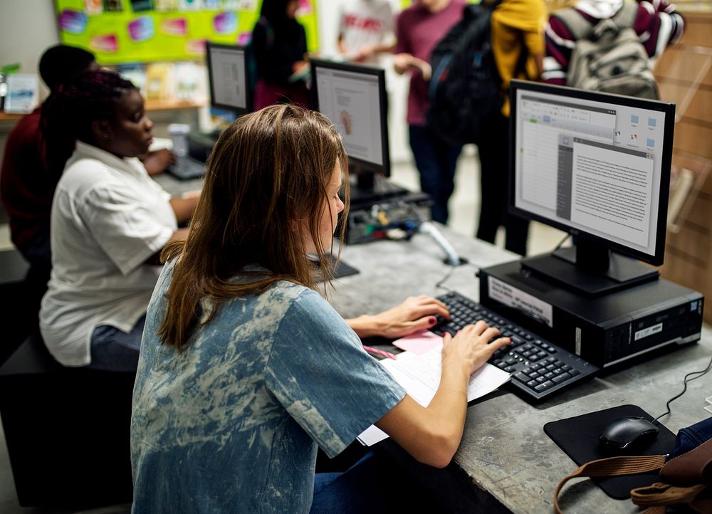 High school students using computer