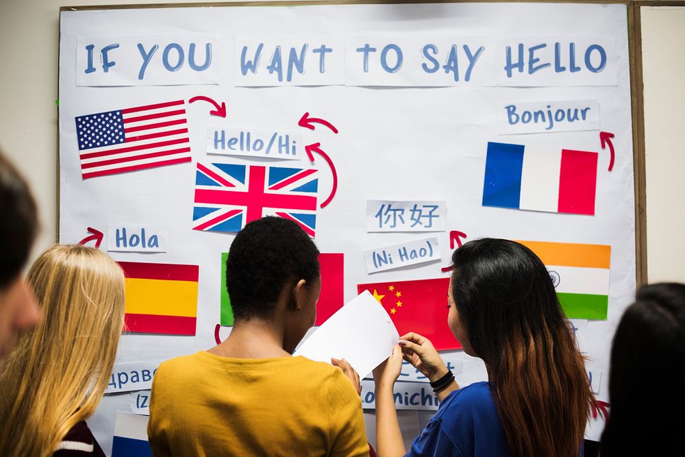 Group of students at languages display 