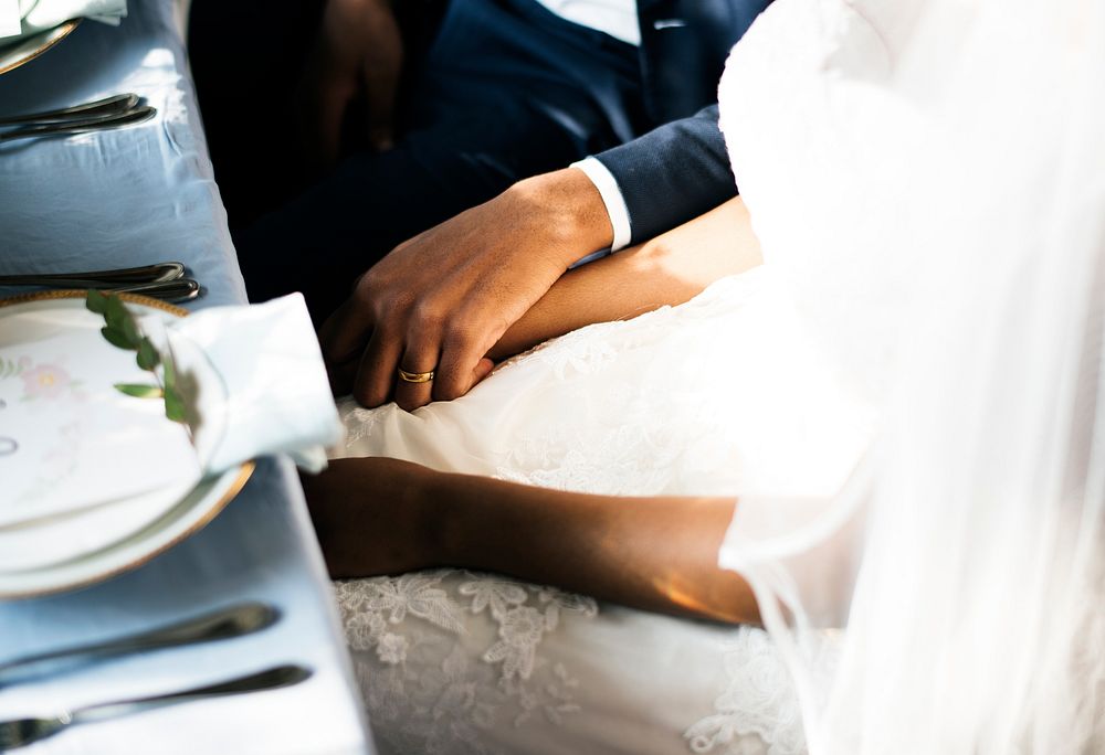Newlywed African Descent Couple Holding Hands Together Love