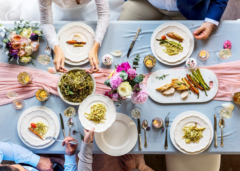 Aerial view of a bridal party dining table 