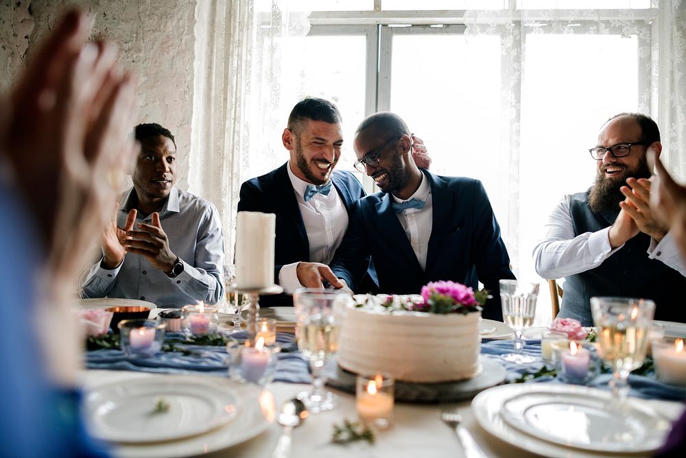 Diverse gay couple newlyweds at reception table