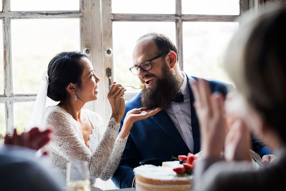 Newlywed Couple Cheerful Wedding Reception