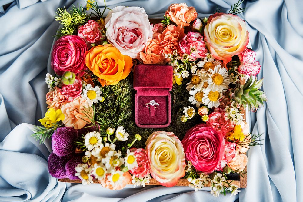 Aerial view of Wedding Ring in Red Box with Flowers Arrangement Decoration