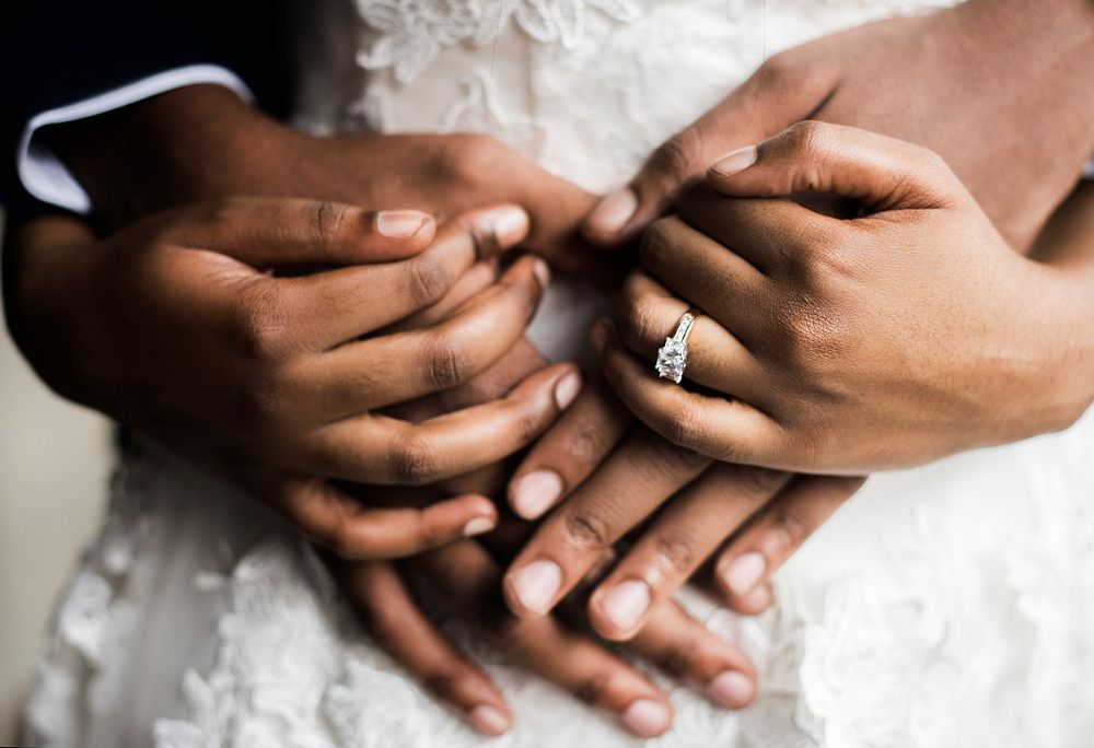 Closeup Newlywed African Descent Couple Holding Hands Together Love