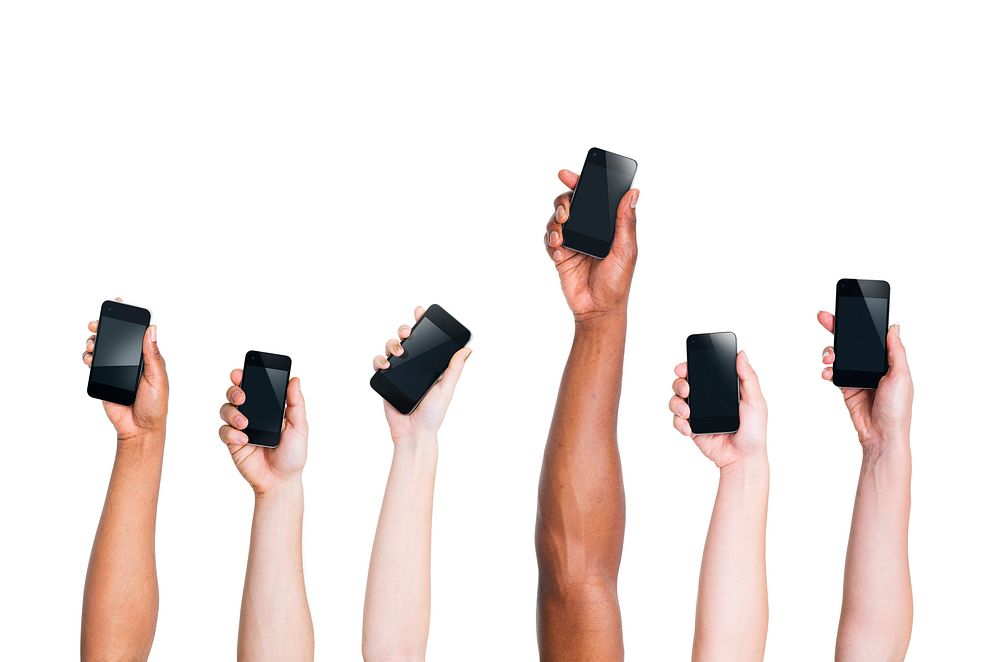 Multi-Ethnic Arms Raising Smartphones and One Standing Out