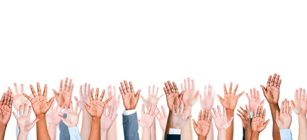 Group of multi-ethnic people's arms outstretched in a white background.