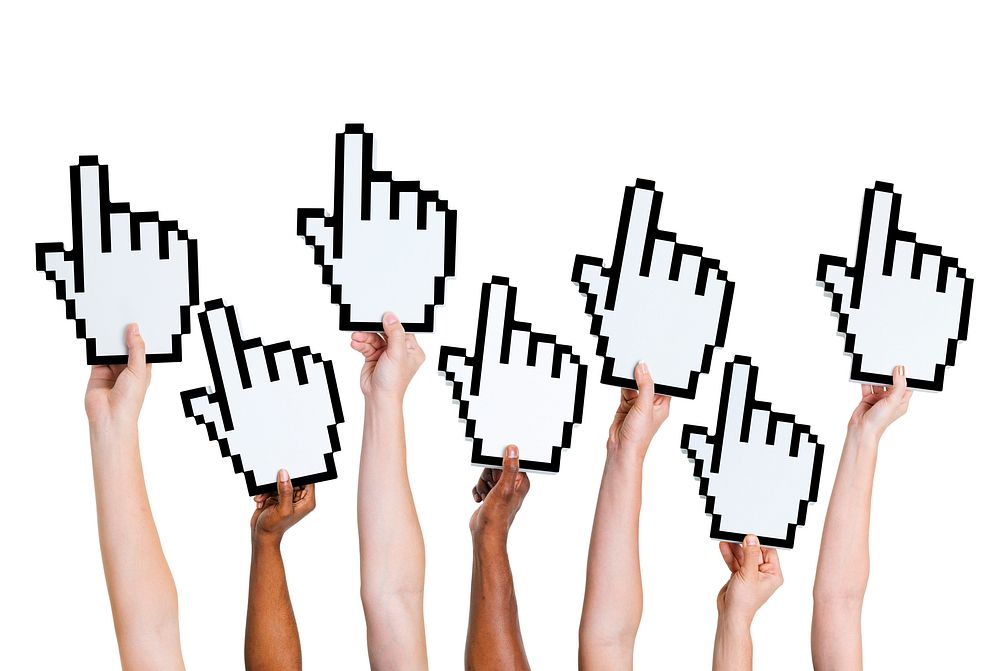Multi-ethnic group of people holding cursor.