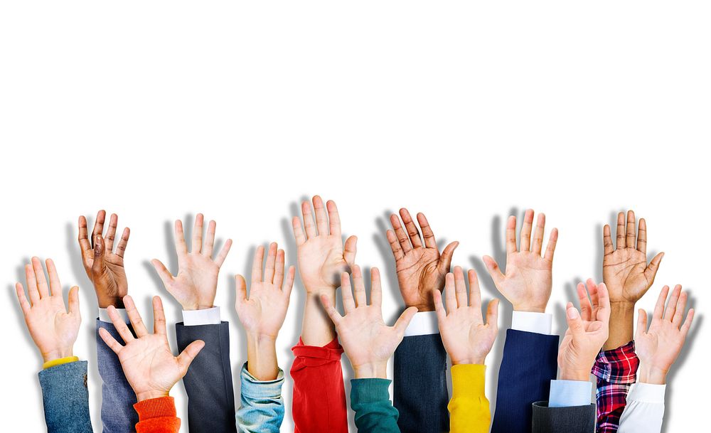 Group of Multiethnic Diverse Colorful Hands Raised