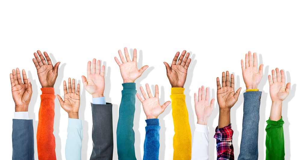 Group of Diverse Multiethnic Colorful Hands Raised