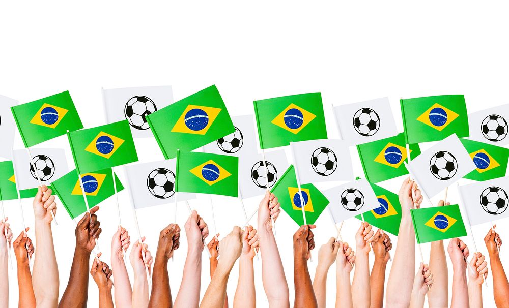 Raised Arms Holding Brazilian Flag and Banners for World Cup